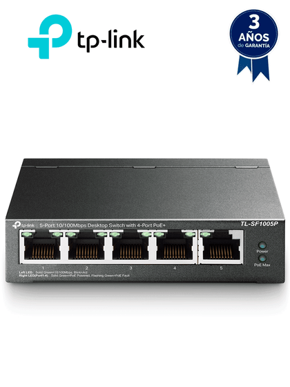 TP-LINK TL-SF1005P - Switch PoE no administrable con 5 puertos Fast Ethernet, incluyendo 4 puertos PoE AF. Suministro PoE hasta 58W y modo extendido para conexiones de hasta 250m.