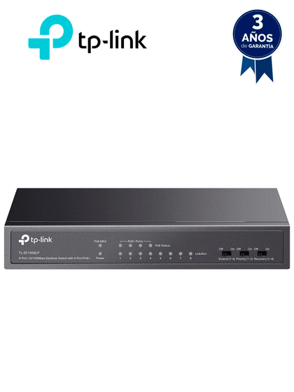 TP-LINK TL-SF1008LP - Switch PoE no administrable con 8 puertos Fast Ethernet, incluidos 4 puertos PoE AF. Ofrece un presupuesto PoE de hasta 41W y soporta modo extendido para conexiones de hasta 250m.