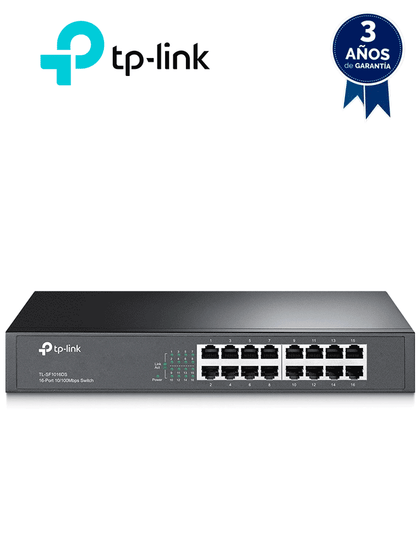 TP-LINK TL-SF1016DS - Switch no administrable con 16 puertos Fast Ethernet, diseñado para montaje en rack o en escritorio.