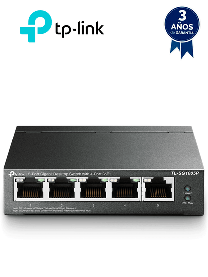 TP-LINK TL-SG1005P - Switch Escritorio No Administrable de 5 puertos 10/100/1000 Mbps, con 4 puertos PoE 802.3af/at de hasta 65 W y PoE Extendido hasta 250 metros.