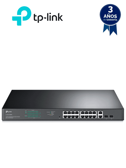 TP-LINK TL-SG1218MPE - Switch JetStream con 16 puertos 10/100/1000Mbps y soporte PoE af/at, además de 2 puertos SFP con una capacidad total de hasta 192W.