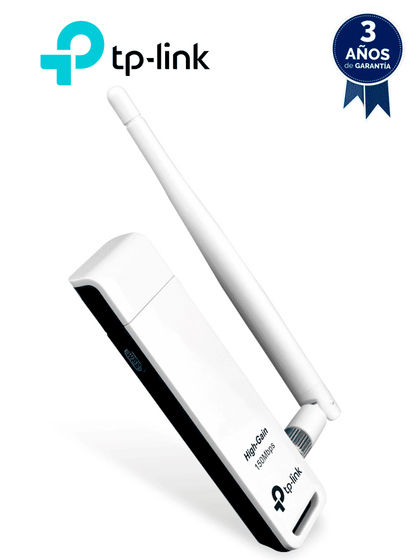 TP-LINK TL-WN722N - Adaptador USB inalámbrico de alta ganancia N 150 Mbps en 2.4 GHz con antena desmontable de 4dBi.