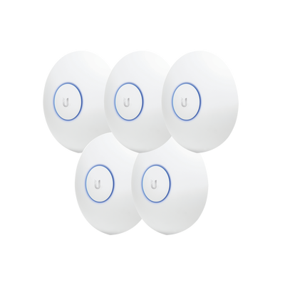 Paquete de 5 Access Point UniFi de largo alcance, Doble banda 802.11ac MIMO2X2 para interior, PoE 802.3af, soporta 250 clientes, hasta 867 Mbps, Los equipos no incluyen poe se sugiere comprar aparte el modelo POE-24-12W-G