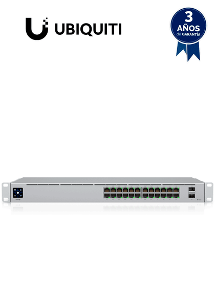 UBIQUITI USW-24-POE UniFi Switch Gen2, Capa 2 de 24 puertos 16 PoE 802.3af/at + 8 Gigabit + 2 puertos 1G SFP, con 95W de potencia y pantalla informativa.