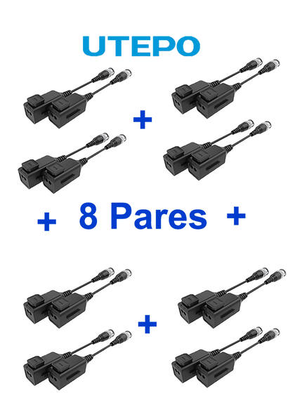 UTEPO UTP101PHD6PAK8 - 8 pares de transceptores pasivos HD, diseño para empalmes ordenados, distancias CVI: 720p a 300m, 1080p a 250m, 4MP a 200m, 4K a 150m