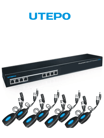 UTEPO UTP108PVHD2 - Kit de transceptores de video y energía para 8 canales, receptor 1080p hasta 200m, incluye 8 transceptores para cámaras hasta 1080p, envía video y energía en un solo cable UTP