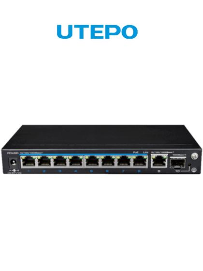 UTEPO UTP3GSW0802TSP120 - Switch PoE de 10 puertos: 8 PoE 10/100/1000 Mbps, 1 RJ-45 10/100/1000 Mbps, 1 SFP 1000 Mbps, PoE 120W, hasta 250m en modo CCTV, no administrable