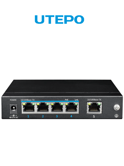 UTEPO UTP3SW0401TP60 - Switch PoE no administrable de 5 puertos Fast Ethernet, 4 puertos PoE 60W totales, 1 puerto uplink, compatible con 802.3af/at, conexión hasta 250m en modo CCTV