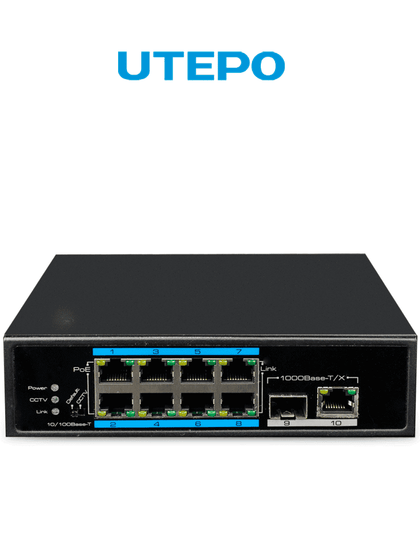 UTEPO UTP7108EPOE - Switch industrial PoE+ de 10 puertos: 8 PoE 10/100 Mbps, 1 SFP 1000 Mbps, 1 RJ-45 10/100/1000 Mbps, PoE 120W, 802.3af/at, hasta 250m en modo CCTV, montaje en DIN rail