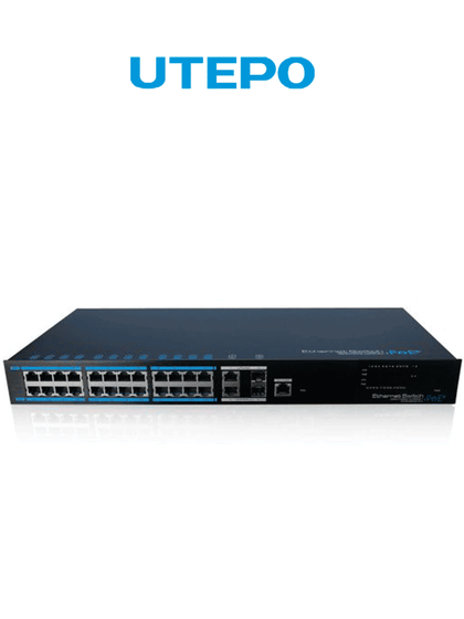 UTEPO UTP7224EPOEL2 - Switch PoE industrial para videovigilancia, 24 puertos FE AF/AT, 390W totales, 2 puertos GE y fibra SFP uplink, capa 2