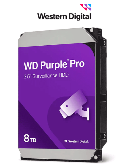 WESTERN DIGITAL WD8002PURP - Disco Duro de 8TB Purple PRO / Especial para Videovigilancia con IA / Tecnología IA AllFrame/ Interface: Sata 6 Gb/s/ Cache 256 MB/ Hasta 64 Cámaras/ 32 Secuencias de IA para Análisis de Aprendizaje Profundo