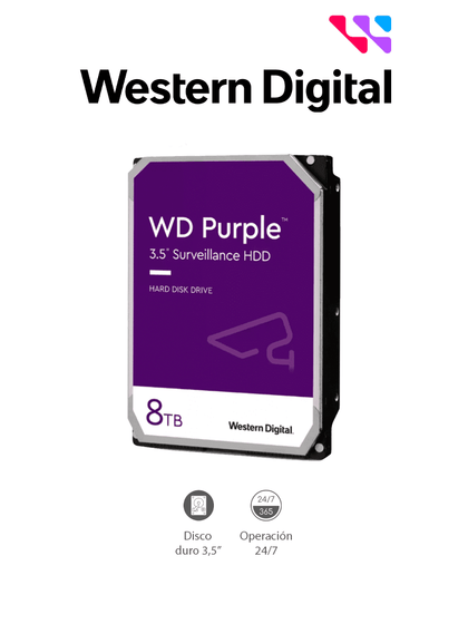 WESTERN DIGITAL WD85PURZ - Disco Duro de 8 TB Purple/ Especial para Videovigilancia/ Trabajo 24/7/ Interface: Sata 6 Gb/s/ Hasta 64 Cámaras/ Hasta 16 Bahías de Discos Duros VIVA