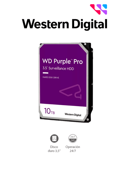 WESTERN WD101PURP- Disco Duro de 10TB Purple PRO/ Especial para Videovigilancia con IA/ Tecnología IA AllFrame/ Interface: Sata 6 Gb/s/ Cache 256 MB/ Hasta 64 Cámaras/ 32 Secuencias de IA para Análisis de Aprendizaje Profundo/