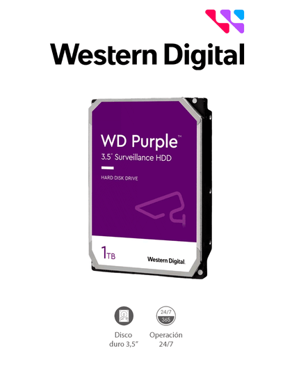 WESTERN WD11PURZ - Disco Duro de 1TB Purple/ Especial Para Videovigilancia/ Trabajo 24/7/ Interface: Sata 6 Gb/s/ Hasta 64 Cámaras/ Hasta 8 Bahías de Discos Duros/ 3 Años de Garantía VIVA