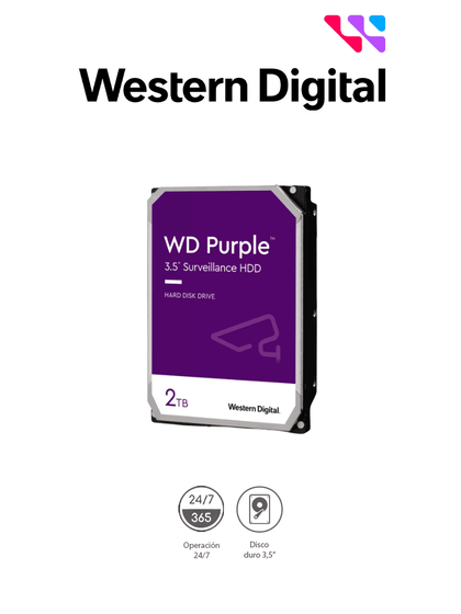 WESTERN DIGITAL WD23PURZ - Disco duro de 2TB / Serie Purple para videovigilancia / Trabajo 24/7/ Interface: Sata 6 Gb/s/ Hasta 64 Cámaras/ Hasta 8 Bahías de Discos Duros/ 3 Años de Garantía VIVA