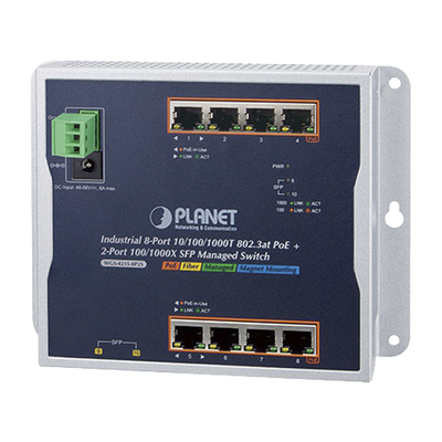 Switch Industrial PoE Administrable de Pared Capa 2, 8 Puertos Gigabit PoE 802.3at y 2 Puertos 100/1000X SFP