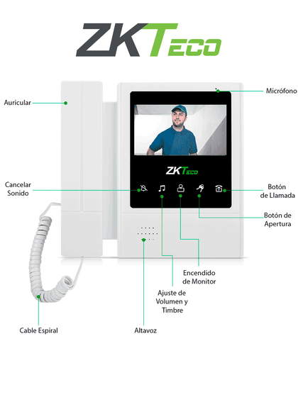 ZKTECO VDPIB4 - Monitor LCD de 4.3 pulgadas para Videoportero Analógico / Conexión mediante 4 Hilos / Resolución 480*272 píxeles / Imagen Nítida / Botón de No Molestar