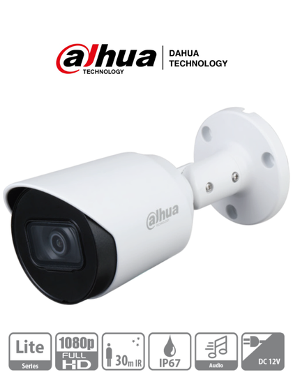 DAHUA HAC-HFW1200T-A - Cámara Bullet HDCVI 1080p micrófono integrado, lente 2.8 mm, ángulo de visión de 103°, IR 30 m, IP67, carcasa metálica, DWDR, BLC, HLC. Ideal para vigilancia con alta definición y resistencia en exteriores.