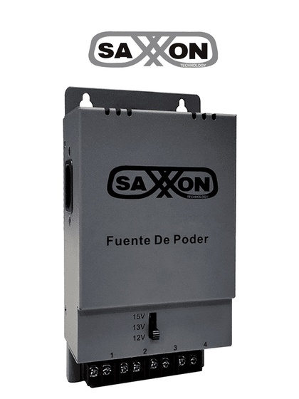 SAXXON ENERGIA PSU1205A - Fuente de poder Regulable Metálica/ Conexión de Hasta 4 Canales/ Voltaje de Ajuste 12V 13V o 15V cc/ Salida de Hasta 5 Amp en los 4 Canales/ Instalación en Pared