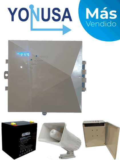 YONUSA EYNG12001BAT - Energizador de nueva generación de12,000 V con hasta 2,500 metros lineales, compatible con modulo Wifi, incluye Sirena de 30W con gabinete metálico y batería de respaldo de 12VDC a 4.5 Ah