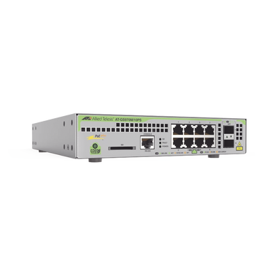 Switch PoE+ Administrable CentreCOM GS970M, Capa 3 de 8 Puertos 10/100/1000 Mbps + 2 SFP Gigabit, 124 W