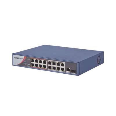 Switch PoE+ / No Administrable / 16 Puertos 10/100 Mbps PoE+ / 1 Puerto 10/100/1000 Mbps + 1 Puerto SFP Uplink / PoE hasta 250 metros / 130 W