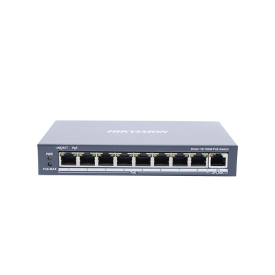 Switch Monitoreable PoE+ / 8 puertos 10/100 Mbps PoE+ / 1 puerto 10/100/1000 Mbps de Uplink / PoE hasta 250 metros / conexión remota desde Hik-ParnerPro / 110 W