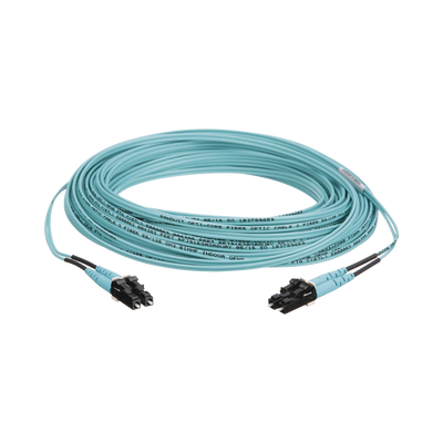 Jumper de Fibra Optica Multimodo 50/125 OM3, LC-LC Duplex, OFNR (Riser), Color Aqua, 15 Metros