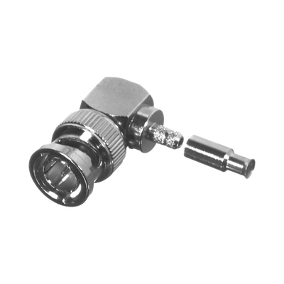 Conector BNC Macho en Ángulo Recto para 75 Ohm, Anillo Plegable para Cable RG-179/U, Grupo S, Níquel/ Oro/ Delrin.