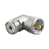 Adaptador en Ángulo Recto, de Conector UHF Macho (PL-259) a UHF Hembra (SO-239), Níquel/ Oro/ Delrin.