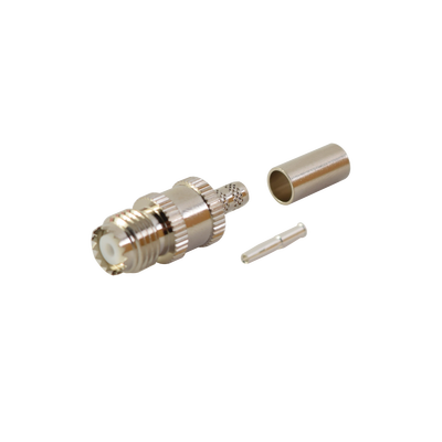 Conector Mini UHF Hembra de Anillo Plegable en Cables RG-58/U, RG-142/U, Níquel/ Plata/ Delrin.