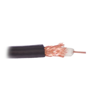 Cable RG59, conductor central de alambre de cobre calibre 20, blindado de malla trenzada de cobre 80%, aislante de polietileno sólido.